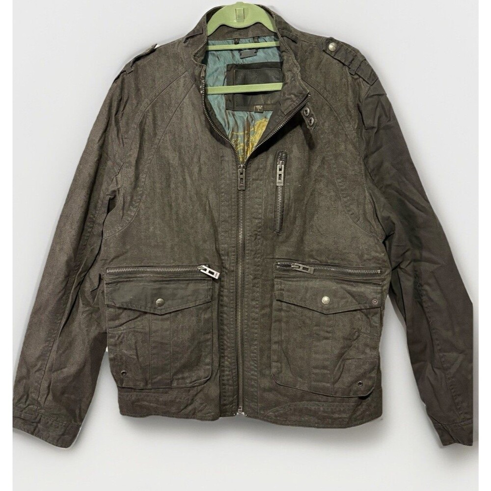 VTG Guess Men's Jacket L Stone Wax Canvas Military Biker Rider Y2K Chore Cargo